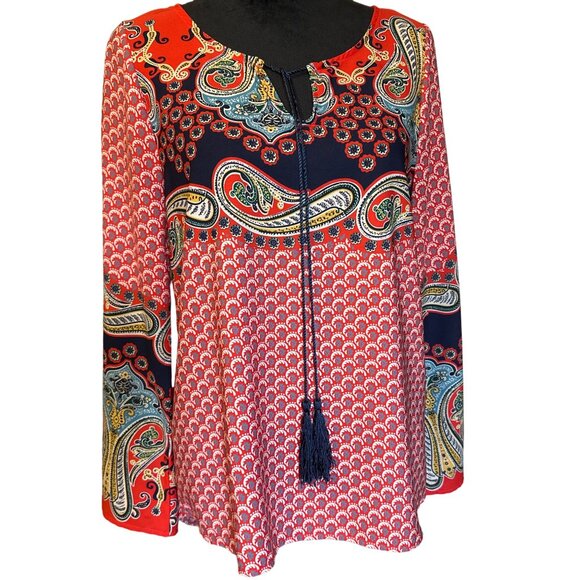 💖West Kei Women's Boho Paisley Tunic Top - Red/Navy Pattern Long Sleeve Tassel - Picture 1 of 8